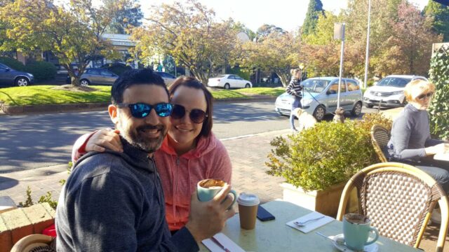 Louise Connolly and Michael Doig loving brunch at Cafe Madeleine in Leura, NSW