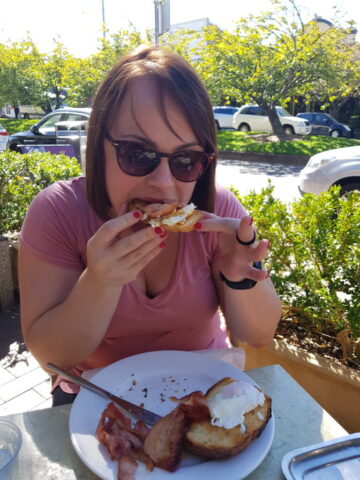 Louise Connolly loving brunch at Cafe Madeleine in Leura, NSW