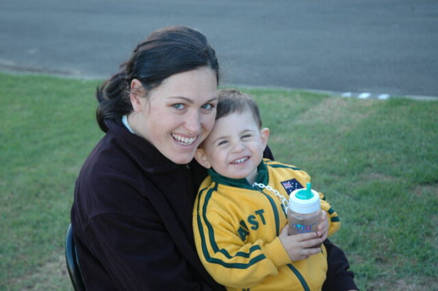 Jenifer Doig gives Hayden big cuddles at the Big 4 Shoalhaven Heads Village