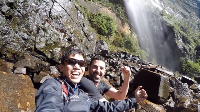 Woohoo! Getting wet by the waterfall at the Blue Mountains National Park
