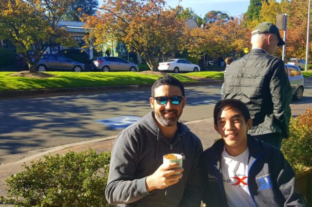 Glen Karl and Michael Doig loving brunch at Cafe Madeleine in Leura, NSW