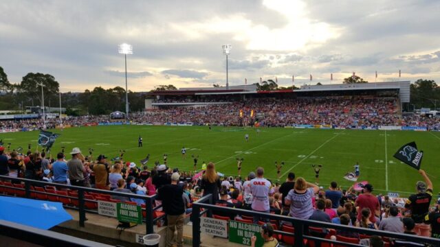 NRL Easter Sunday arvo Rugby League. Panthers v Sharks — with Karl Dela Rosa at Penrith Stadium.