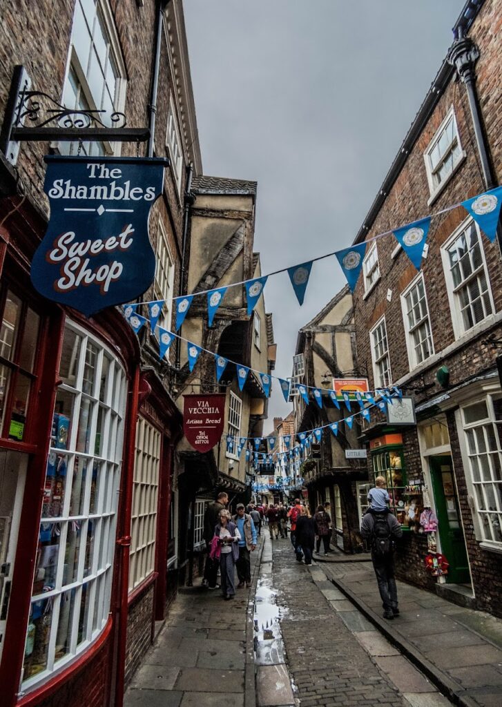 The Shambles, York’s most famous street, where the buildings lean in over the narrow lane.