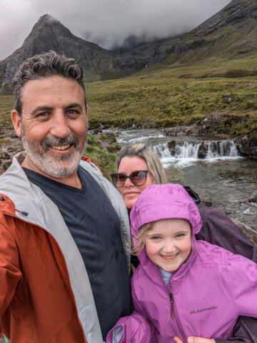 Katherine off exploring whilst we pose at the Fairy Pools, Isle of Skye