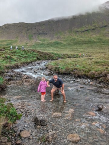 Mirin braves the 8-11 degree water with me in the Fairy Pools, Isle of Skye